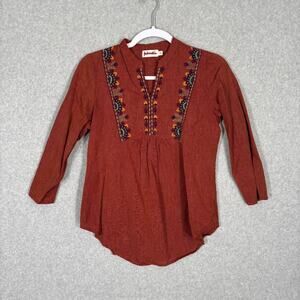 Fabindia Top‎ Womens XS Burnt Rust Embroidered Popover Boho Cottage Moroccan